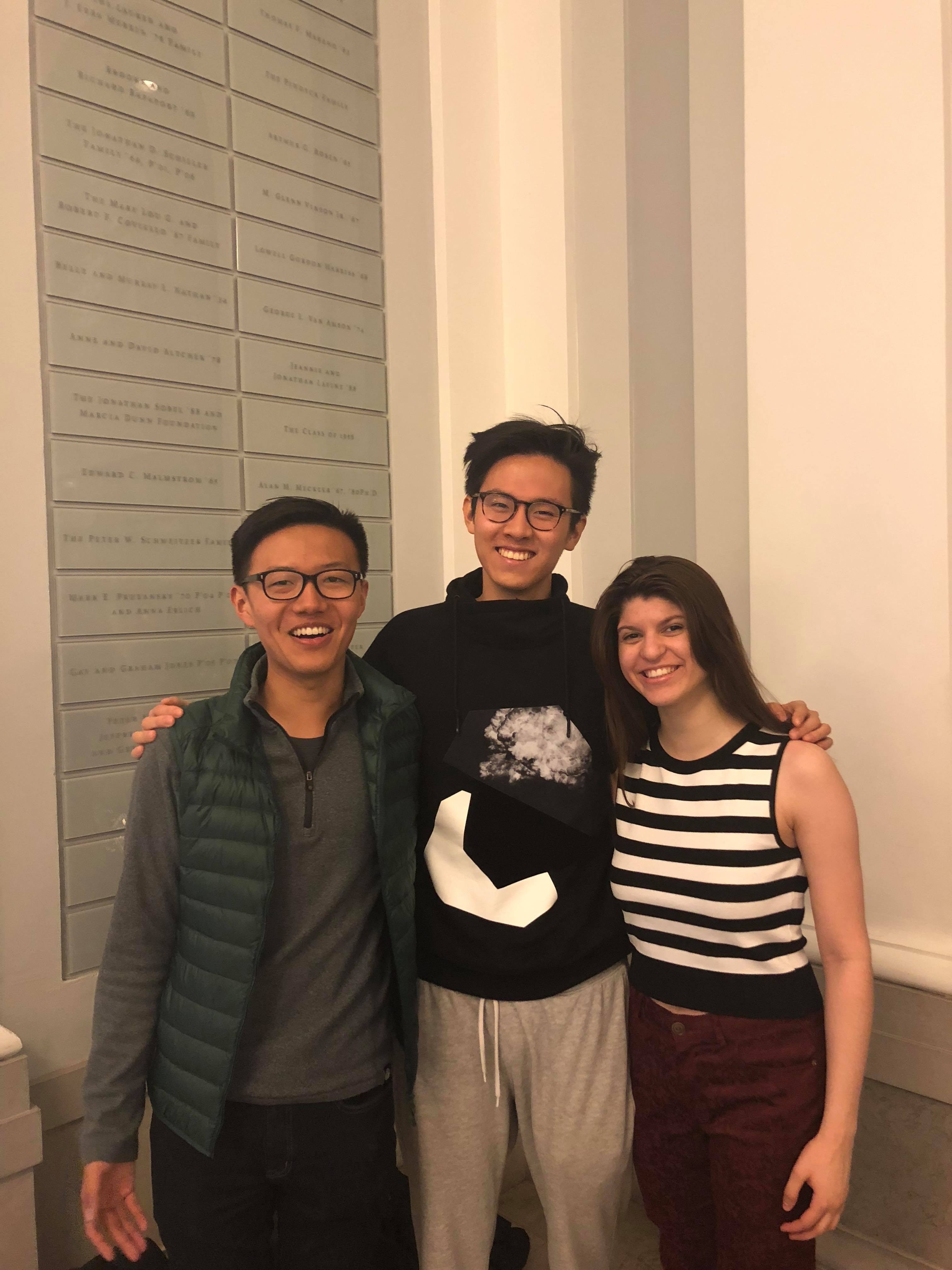Winners of the Columbia Economics Competition for 2018: Kirk Wu (CC’21), Derek Zhang (CC’21), and Makena Binker-Cosen (CC’21) awarded for presenting the best economic analyses of income distribution in the United States. 